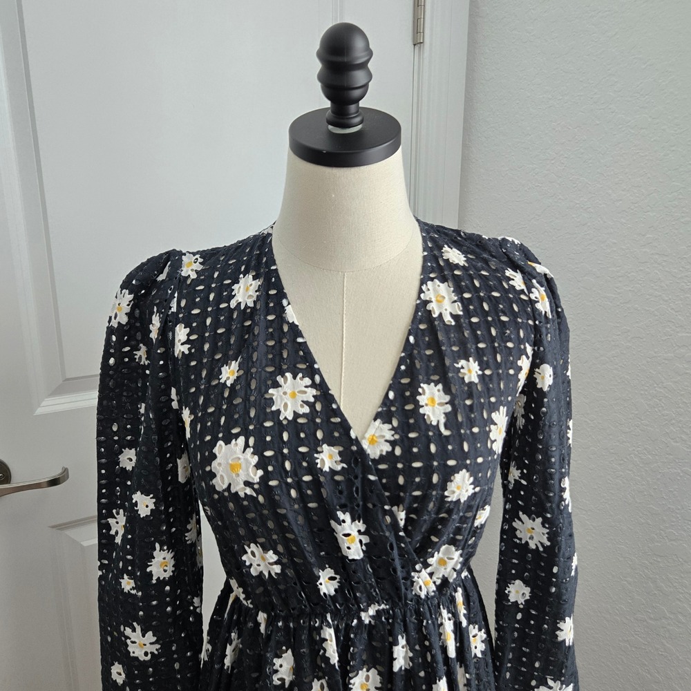 MAJE Rayom Daisy Print Eyelet Dress Black White Long Sleeve Crossover V-Neck - Picture 3 of 10